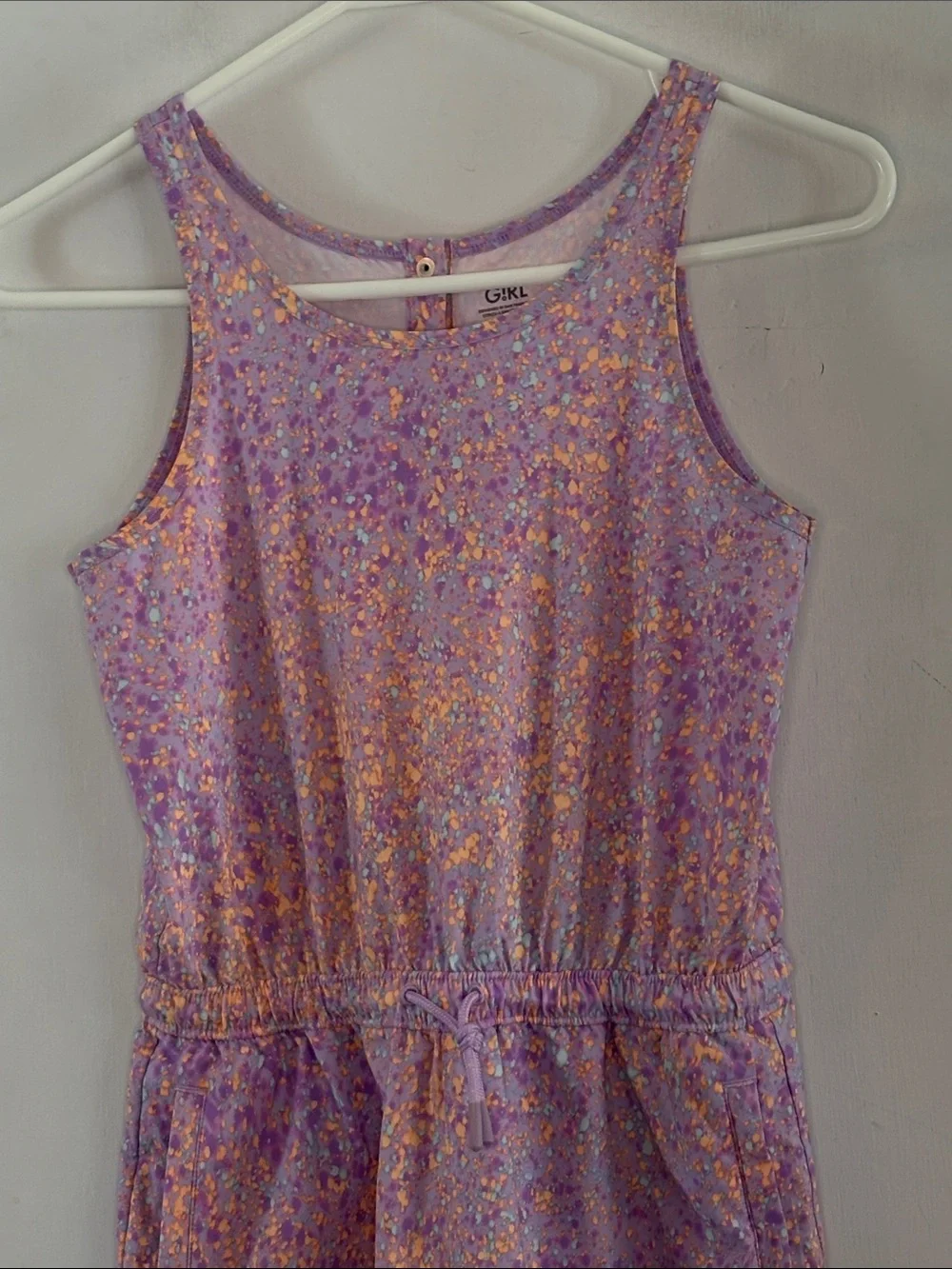 Athleta Girl lavender sleeveless orange aqua purple speckled romper Size Large